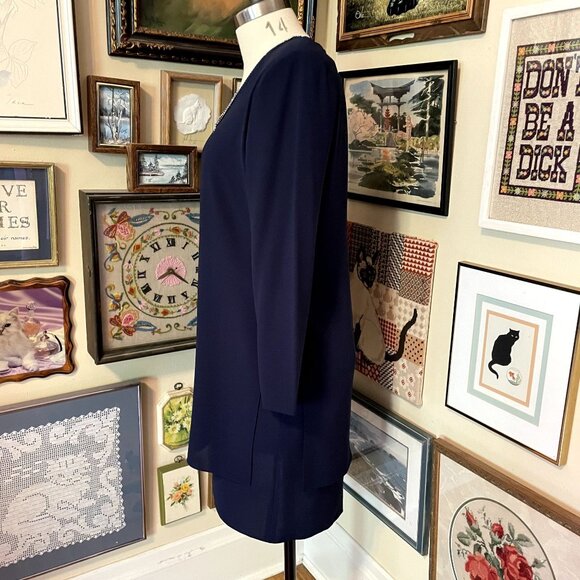 90s Vintage Ursula of Switzerland Midnight Blue Sheath Dress with Rhinestones 12 - Picture 2 of 10